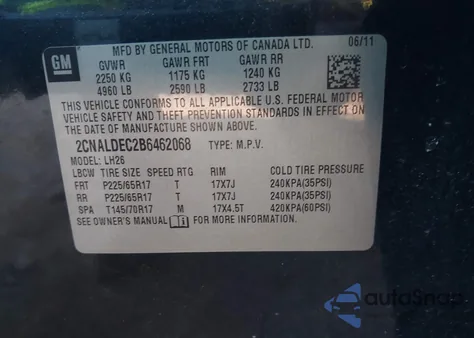 2011 Chevrolet Equinox 1Lt from USA, damaged, VIN 2CNALDEC2B6462068